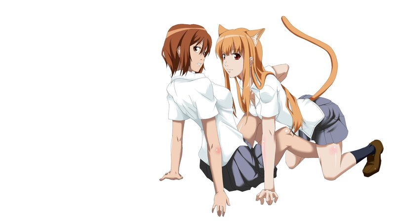 Two Girls in School Uniforms — White, Playful, Anime, Cat Ears
