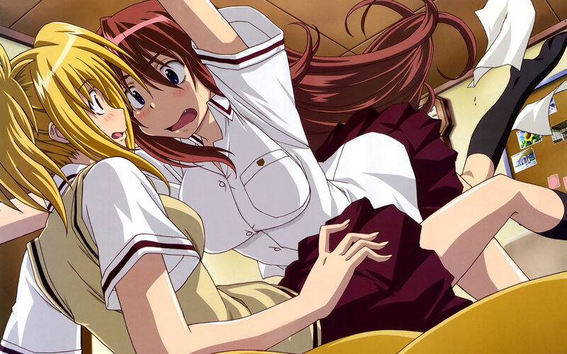 Two Girls in School Uniforms — White, Playful, Anime, School Uniform, Bed