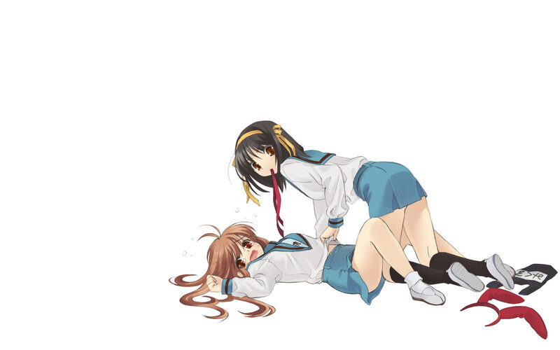 Two Girls in School Uniforms — White, Playful, Anime, School Uniform, Floor