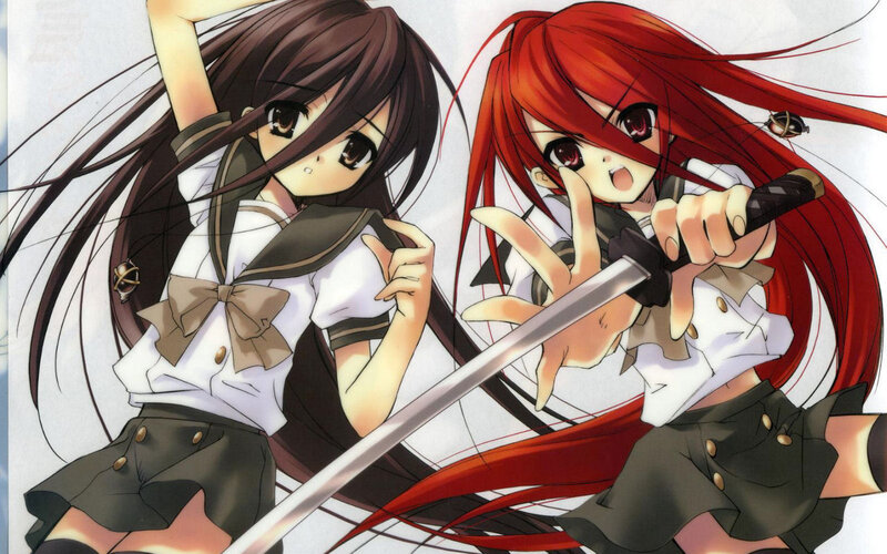 Two girls in school uniforms with a sword