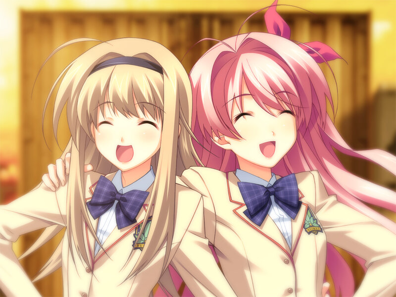 Two Girls in School Uniforms — Yellow, Happy