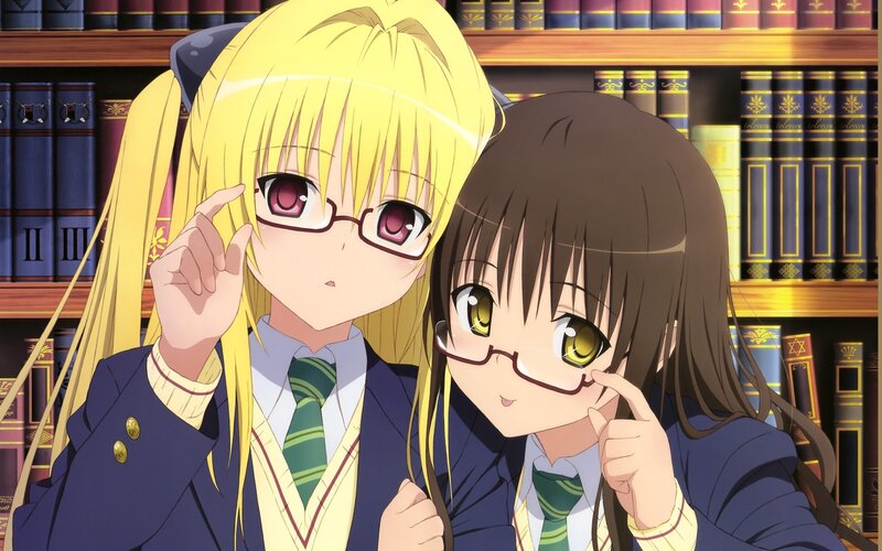 Two Girls in School Uniforms — Yellow, Playful, Anime, Glasses