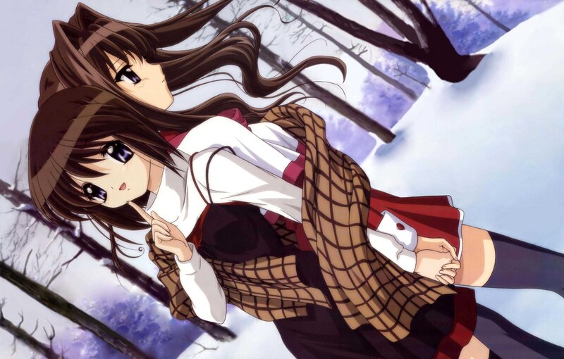 Two Girls in Snow — White, Calm, Winter, Anime, Trees