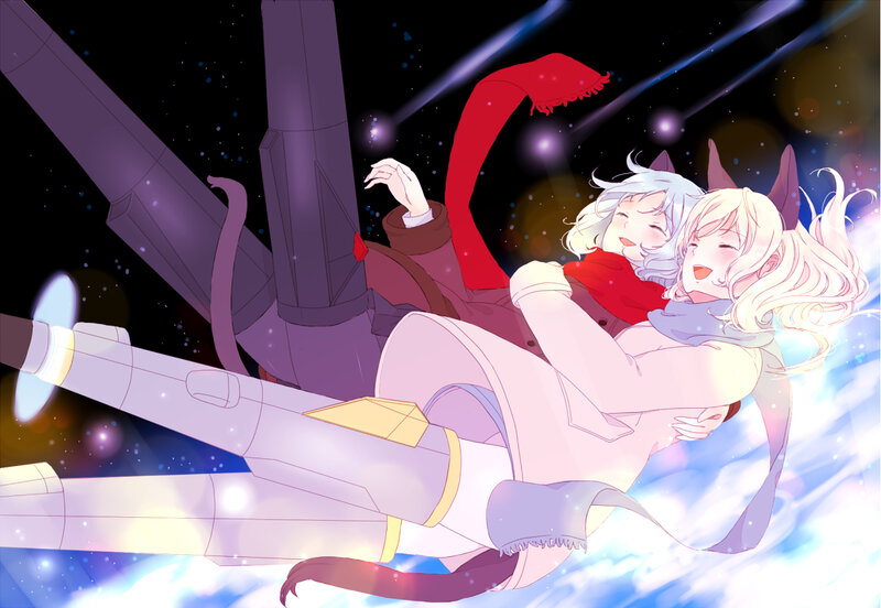 Two girls in space embrace