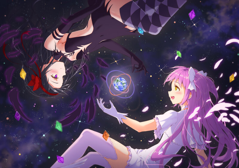 Two Girls in Space — Purple, Dreamy, Night, Anime, Planet