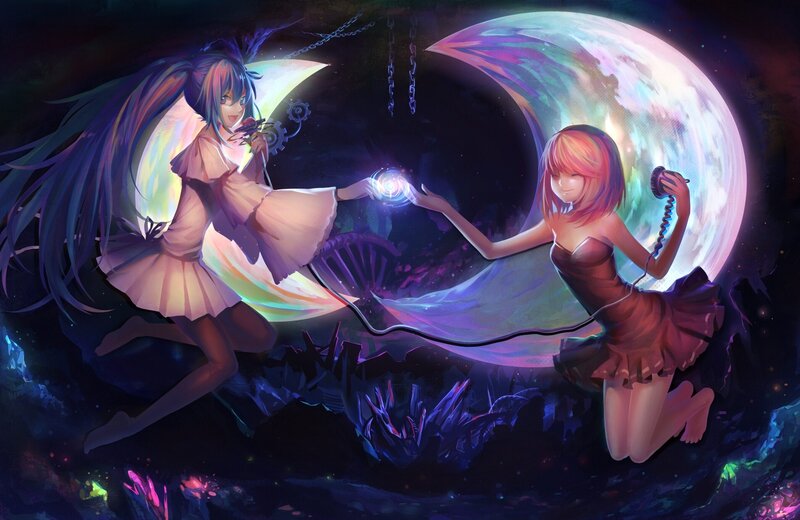 Two Girls in Space — Purple, Dreamy, Night, Digital Art