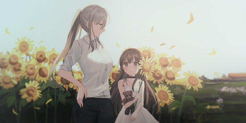 Two Girls in Sunflower Field — Yellow, Serene