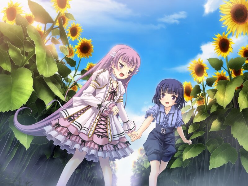 Two Girls in Sunflower Field — Yellow