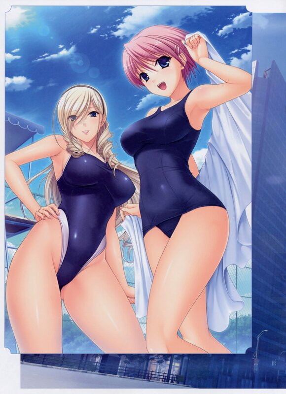 Two Girls in Swimsuits — Blue, Bright, Afternoon, Anime, Towel
