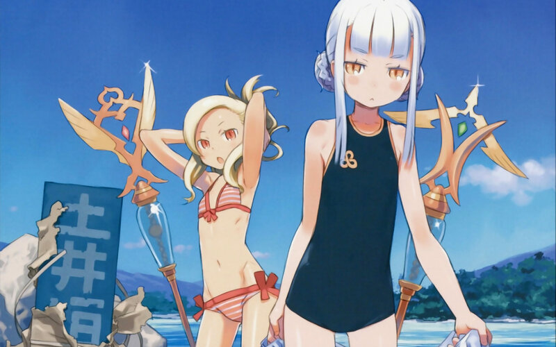 Two Girls in Swimsuits — Blue, Calm, Afternoon, Anime, Swords, Beach