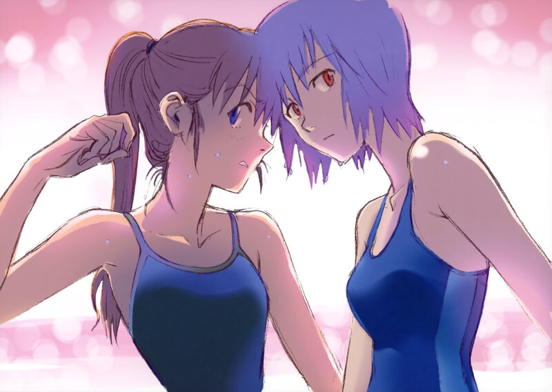 Two Girls in Swimsuits — Blue, Calm, Afternoon, Anime, Water Droplets