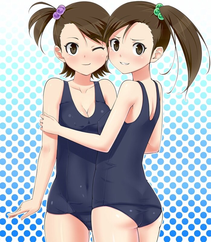 Two Girls in Swimsuits — Blue, Cheerful, Anime, Pigtails