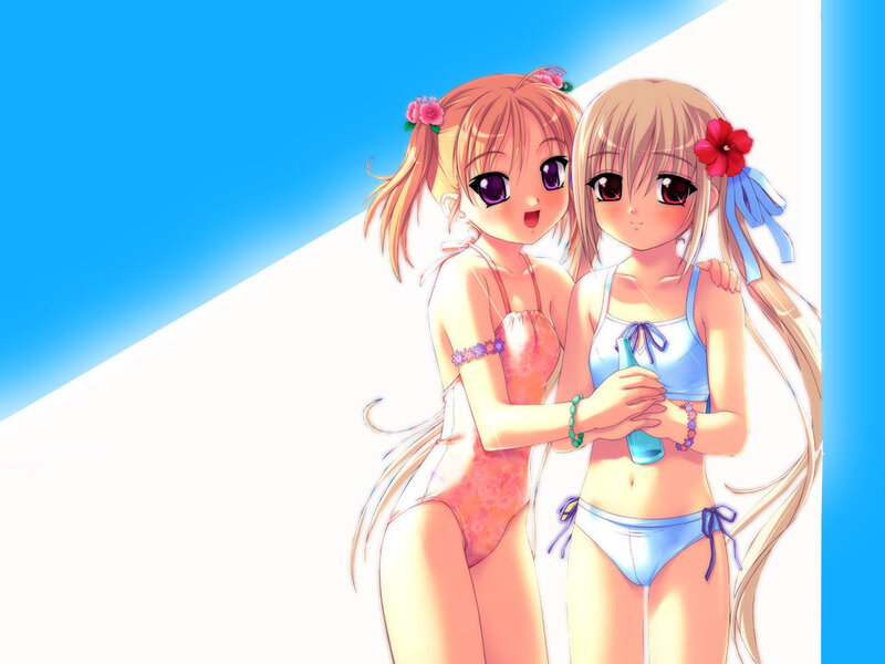 Two Girls in Swimsuits — Blue, Cheerful, Summer, Anime, Flowers