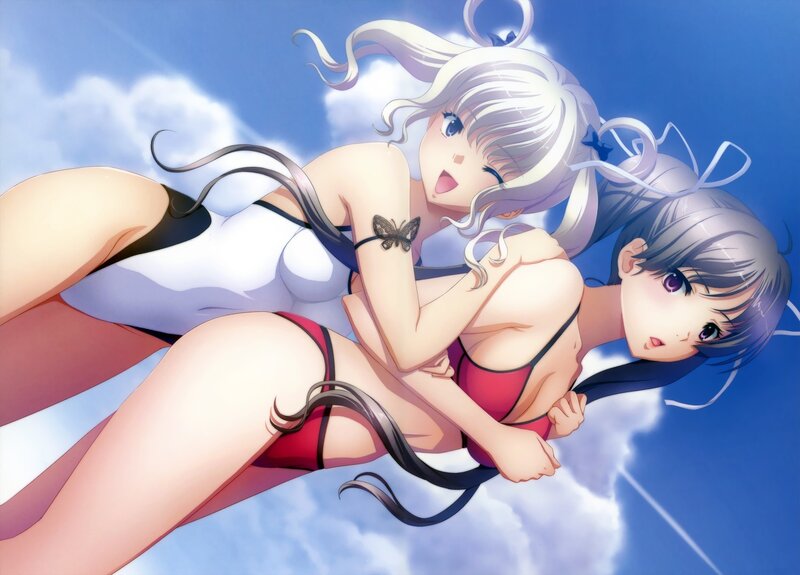 Two Girls in Swimsuits — Blue, Playful, Afternoon, Anime, Clouds
