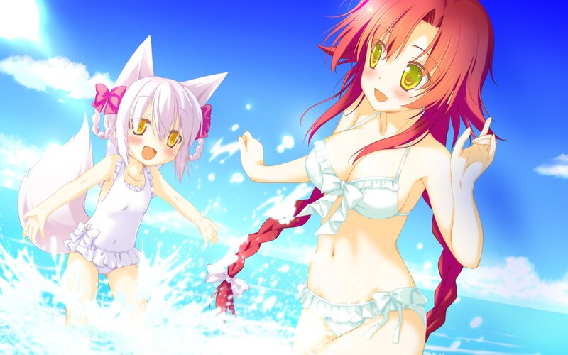 Two Girls in Swimsuits — Blue, Playful, Afternoon, Anime, Ocean