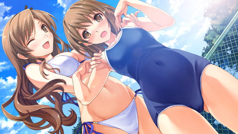 Two Girls in Swimsuits — Blue, Playful, Afternoon, Anime