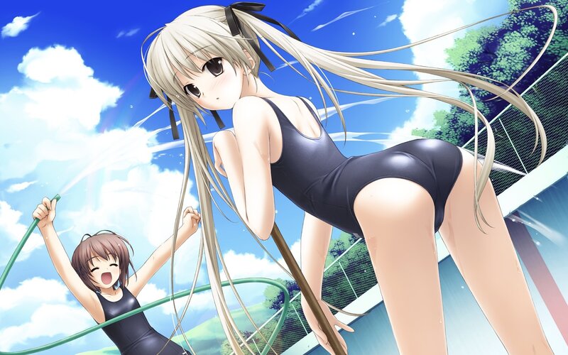 Two Girls in Swimsuits — Blue, Playful, Summer, Anime, Hose