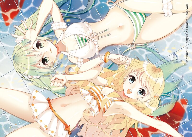 Two Girls in Swimsuits — Blue, Playful, Summer, Anime, Pool