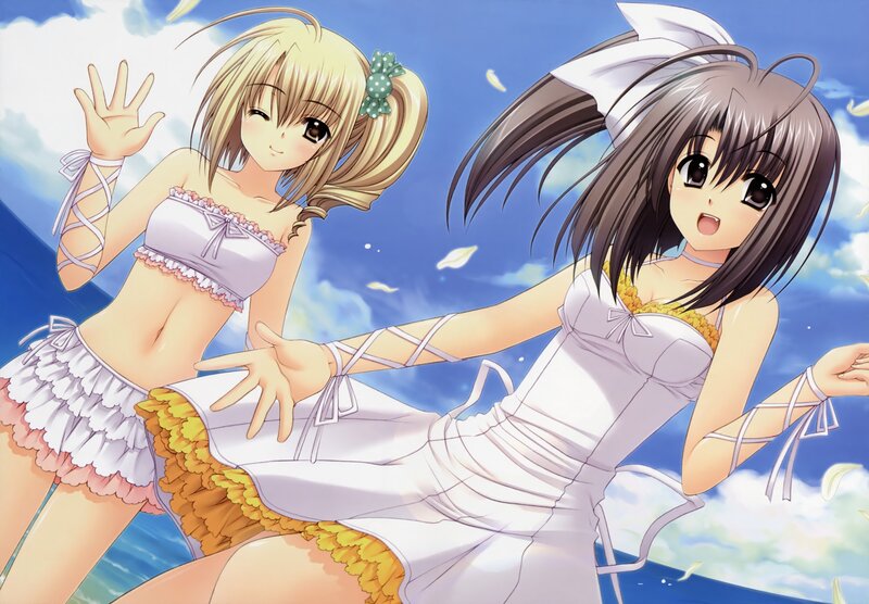 Two Girls in Swimsuits — Blue, Playful, Summer, Anime, Sky