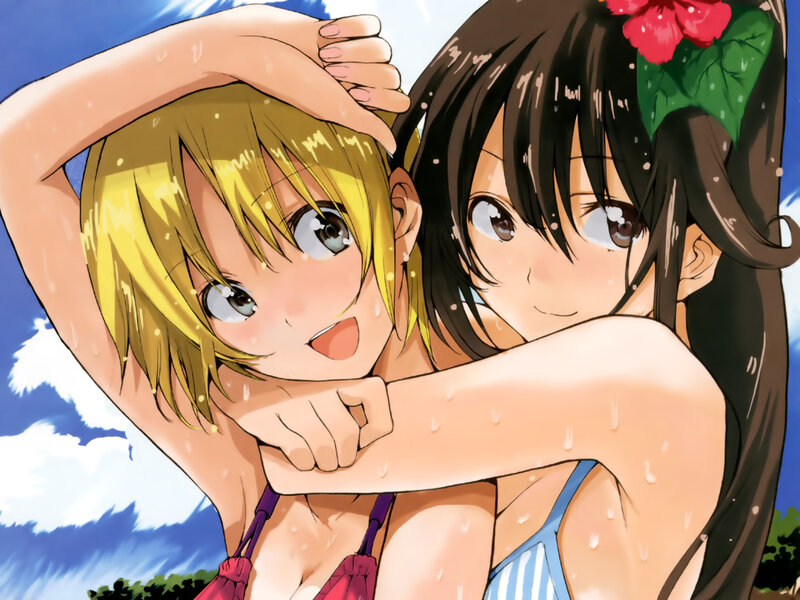 Two Girls in Swimsuits — Blue, Playful, Summer, Manga