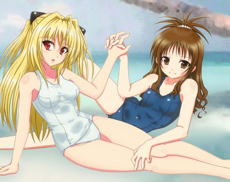 Two Girls in Swimsuits — Blue, Relaxed, Afternoon, Anime, Beach