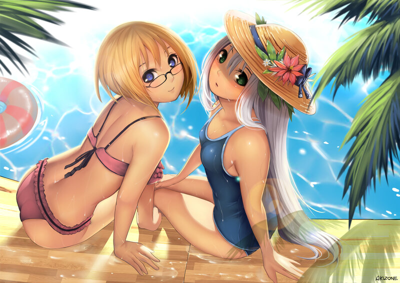 Two Girls in Swimsuits — Blue, Relaxed, Summer
