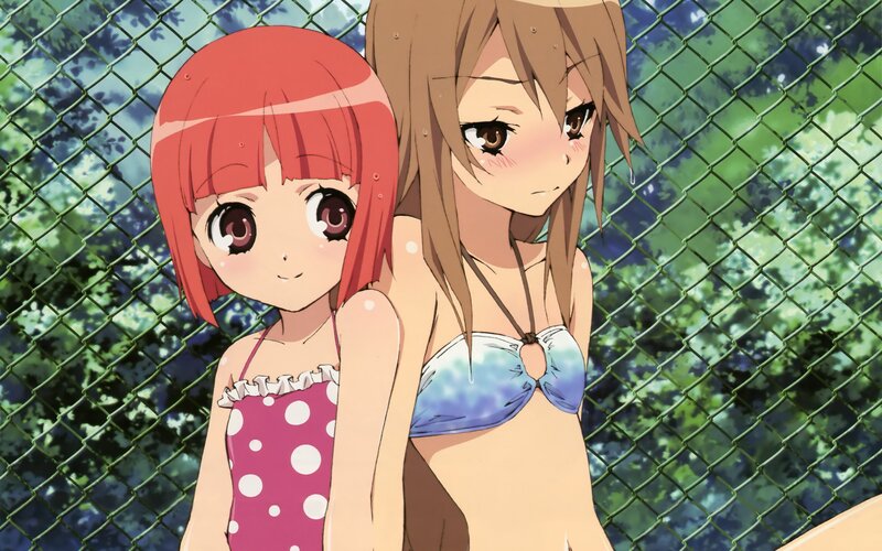 Two girls in swimsuits by fence