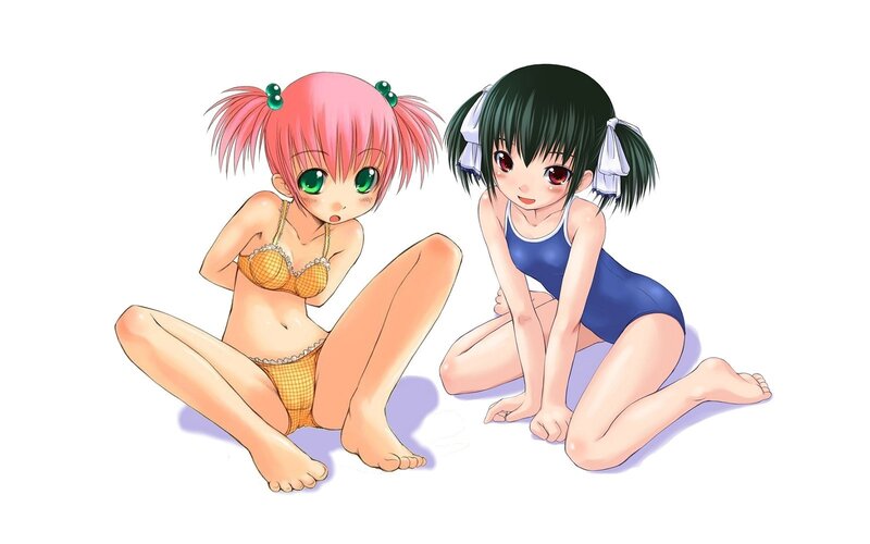 Two Girls in Swimsuits — Pink, Playful, Anime, Pigtails