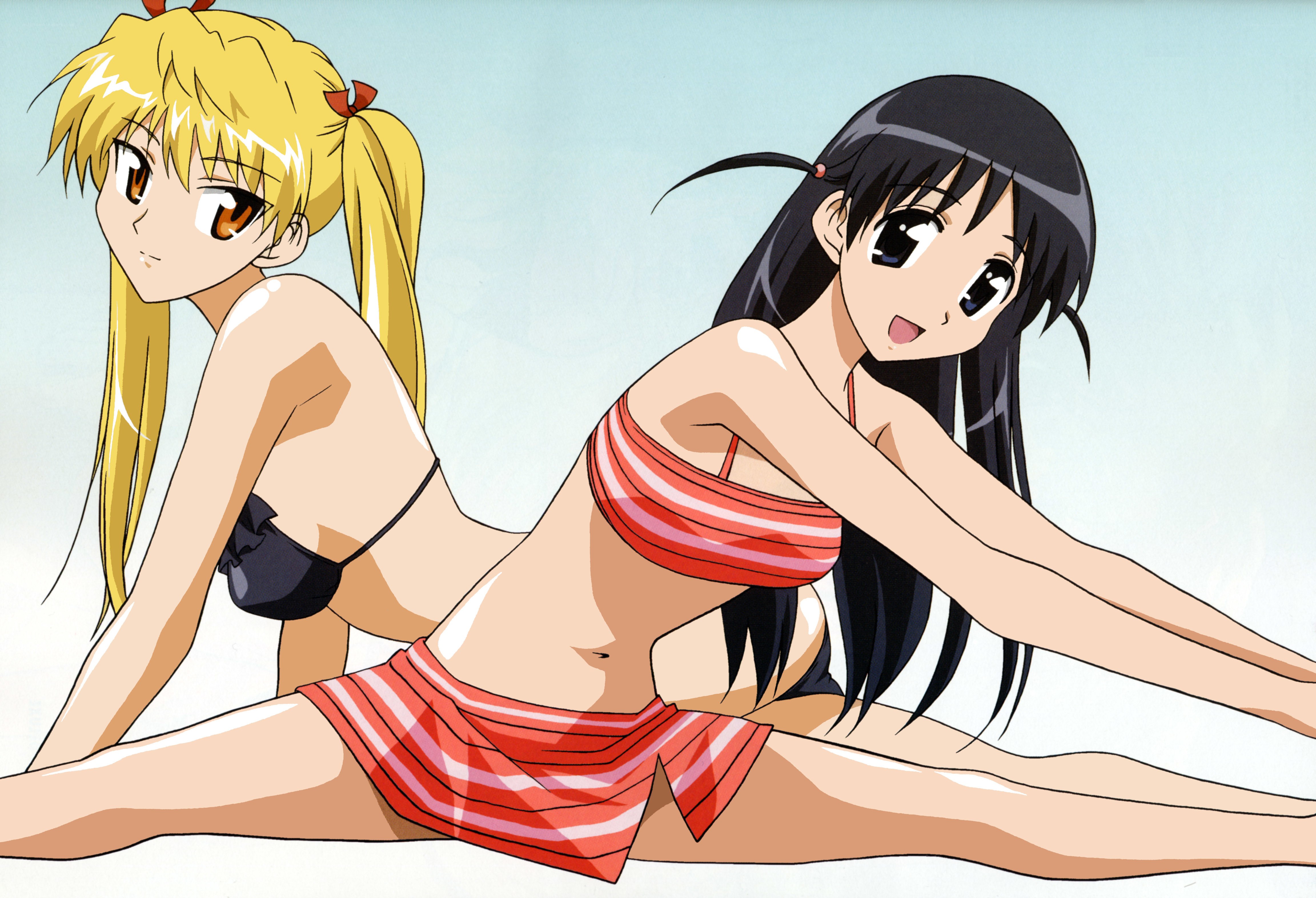 Two girls in swimsuits stretching