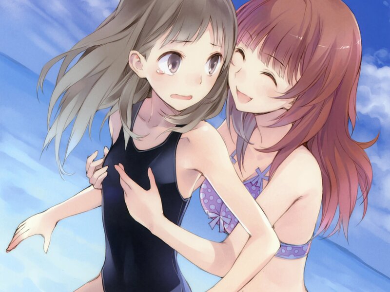 Two girls in swimsuits together