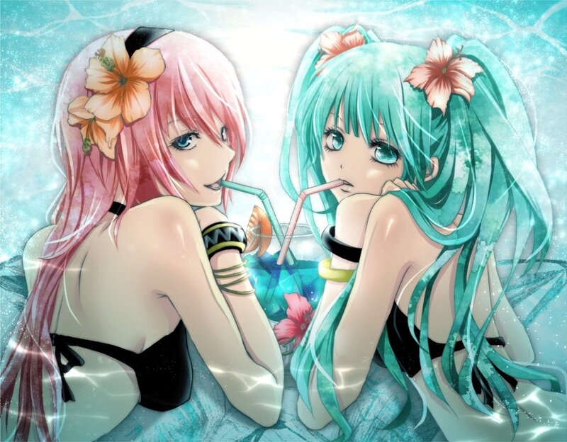 Two girls in swimsuits with flowers
