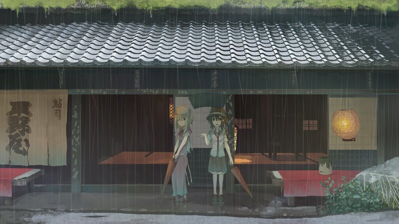 Two girls in the rain at a traditional shop