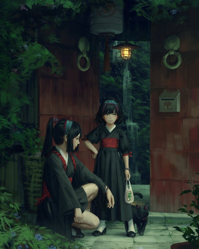 Two Girls in Traditional Clothing — Green, Serene, Night
