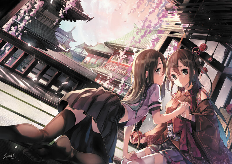 Two Girls in Traditional Clothing — Pink, Serene, Spring, Anime, Cherry Blossoms, Temple