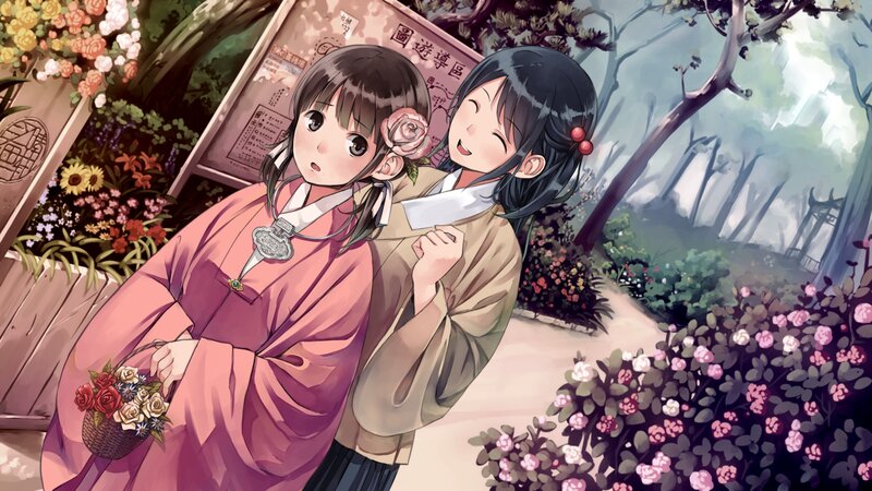 Two Girls in Traditional Clothing — Pink, Serene, Spring
