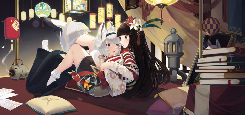 Two Girls in Traditional Clothing — Red, Calm, Night