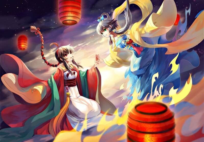 Two Girls in Traditional Clothing — Red, Dramatic, Night