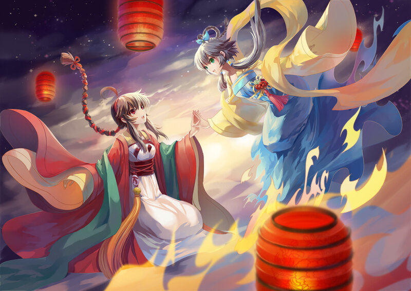 Two Girls in Traditional Clothing — Red, Dramatic