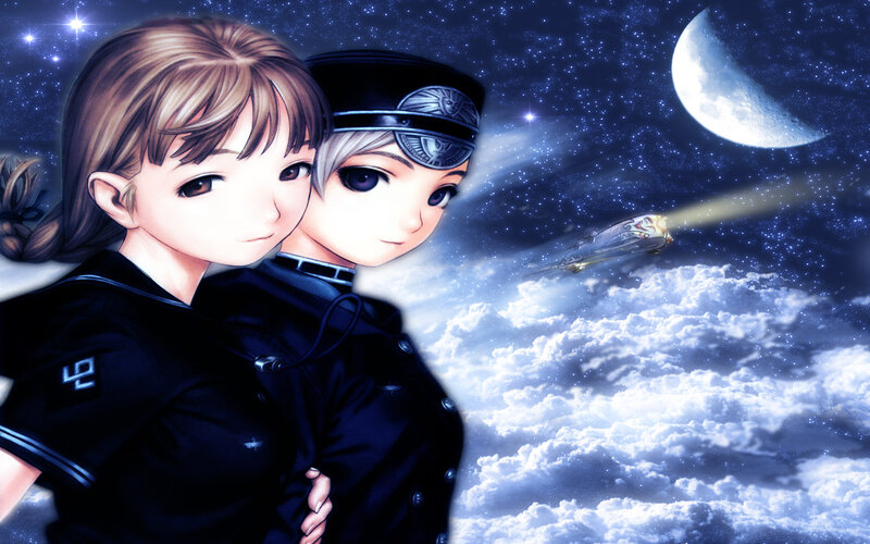 Two girls in uniform under a starry sky