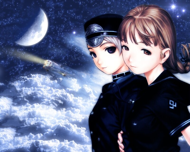 two girls in uniform under moonlight