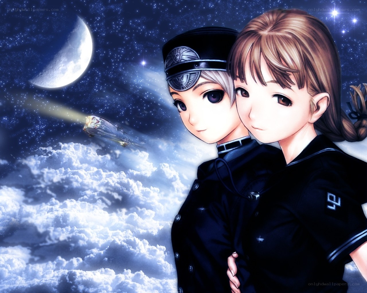 two girls in uniform under moonlight