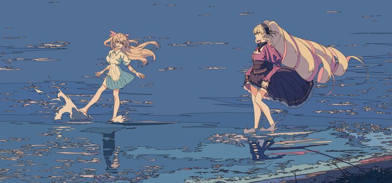 Two Girls in Water — Blue, Calm, Anime, Long Hair
