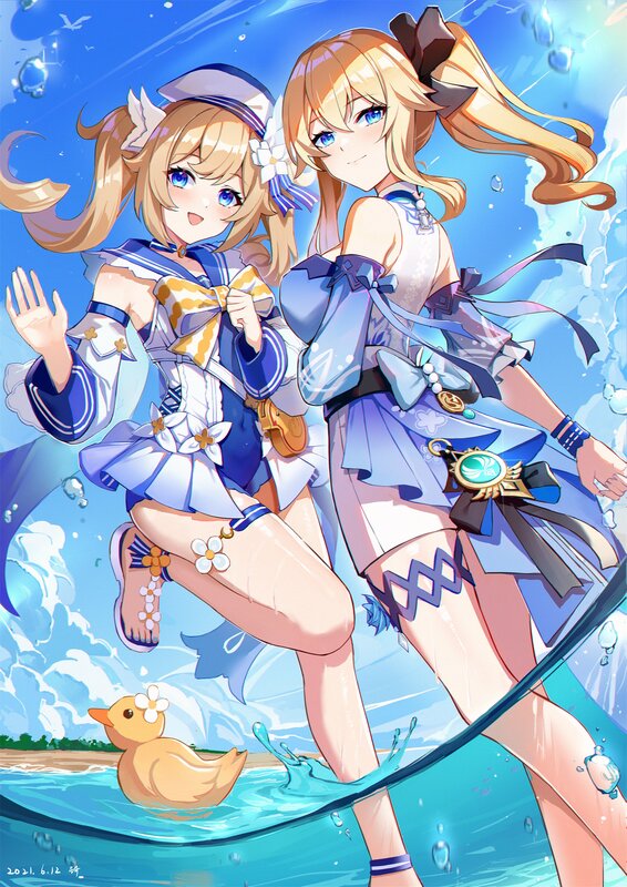Two Girls in Water — Blue, Playful, Afternoon, Anime, Duck