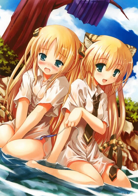 Two Girls in Water — Blue, Playful, Afternoon, Anime, School Uniform