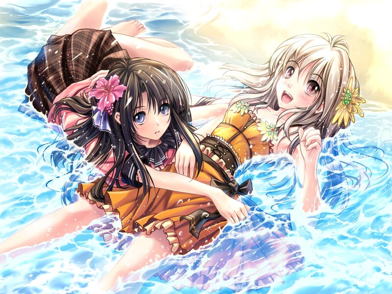 Two Girls in Water — Blue, Playful, Afternoon, Anime
