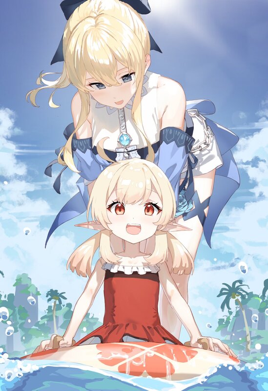 Two Girls in Water — Blue, Serene, Afternoon, Anime, Sky