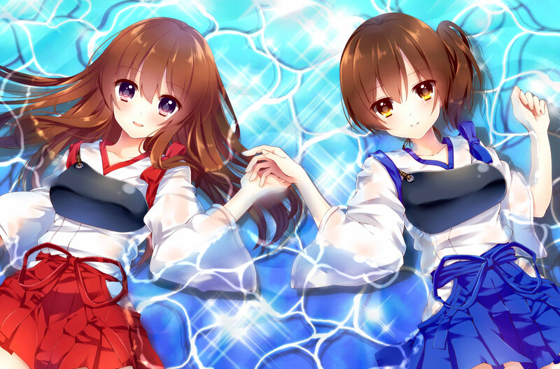 Two Girls in Water — Blue, Serene, Anime, Swimsuits