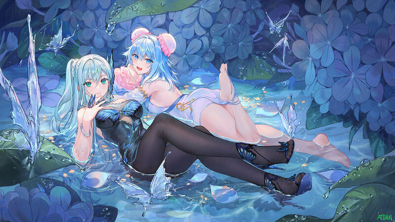 Two Girls in Water — Blue, Serene, Night, Digital Art, Flowers