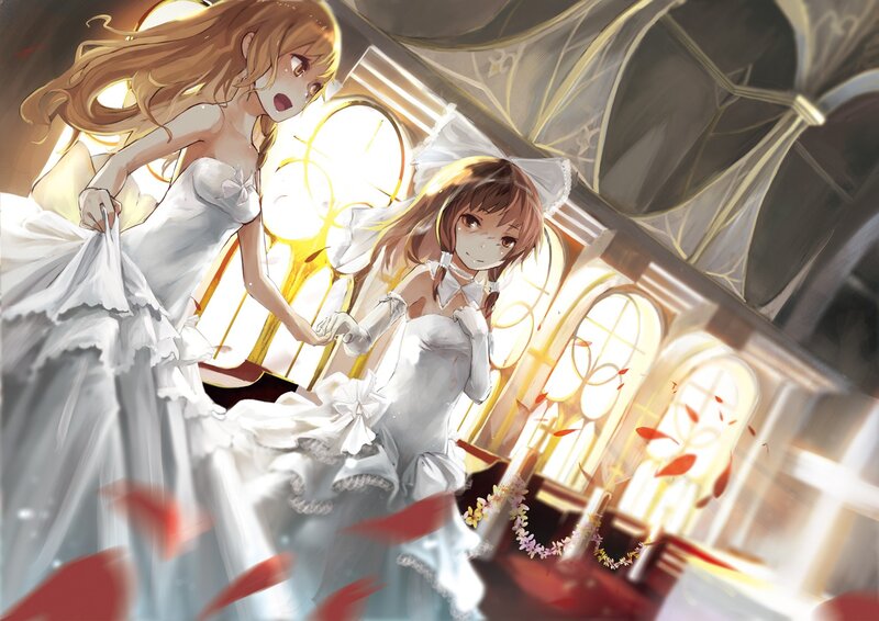Two girls in wedding dresses