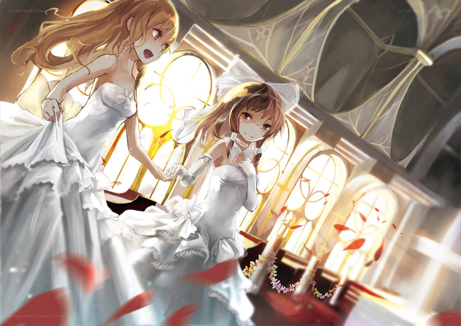 Two girls in wedding dresses